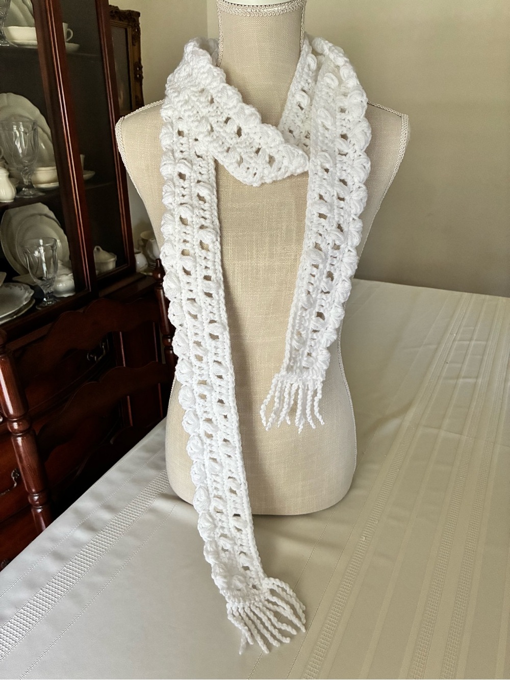 White Handmade Basketweave Eyelet Crochet Fringe Scarf - NEW
